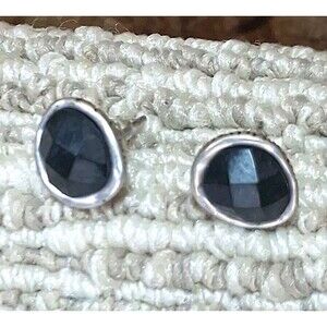 TS Signed Silver Tone Faceted Black Glass Organic Organic Textured Stud...